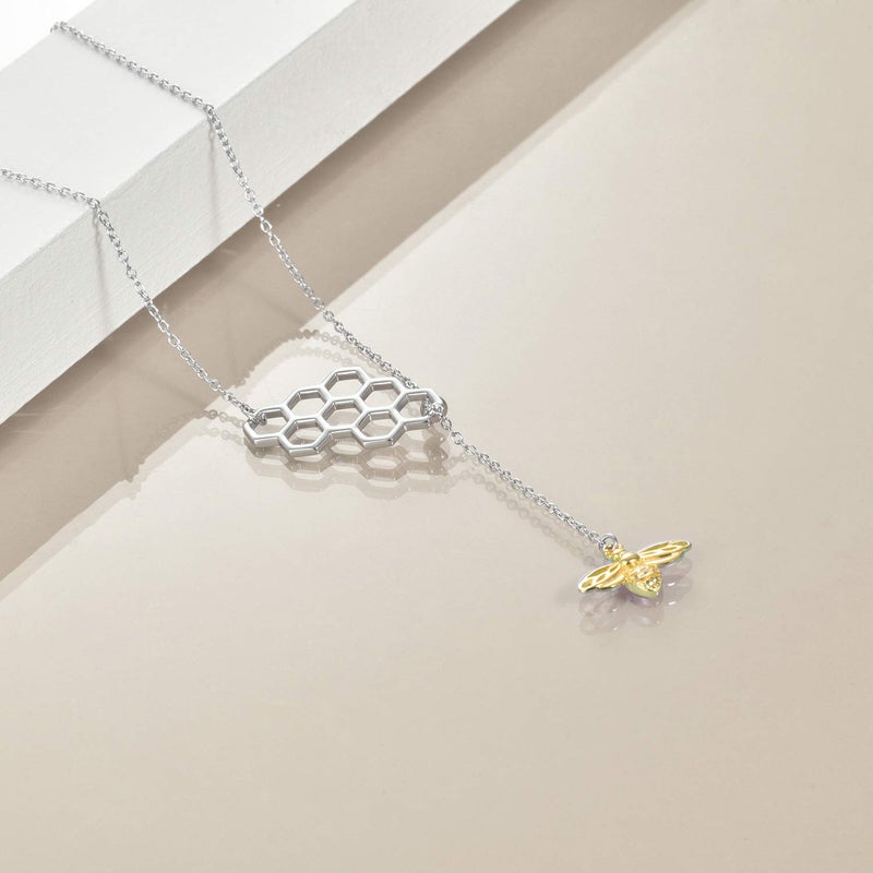 LUHE Bee Necklace Gifts Jewelry for Women Her Sterling Silver Gold Plated Geometric Honeycomb Bumble Bee Y-Necklace Beehive and Bee Pendant Necklace - Image 5